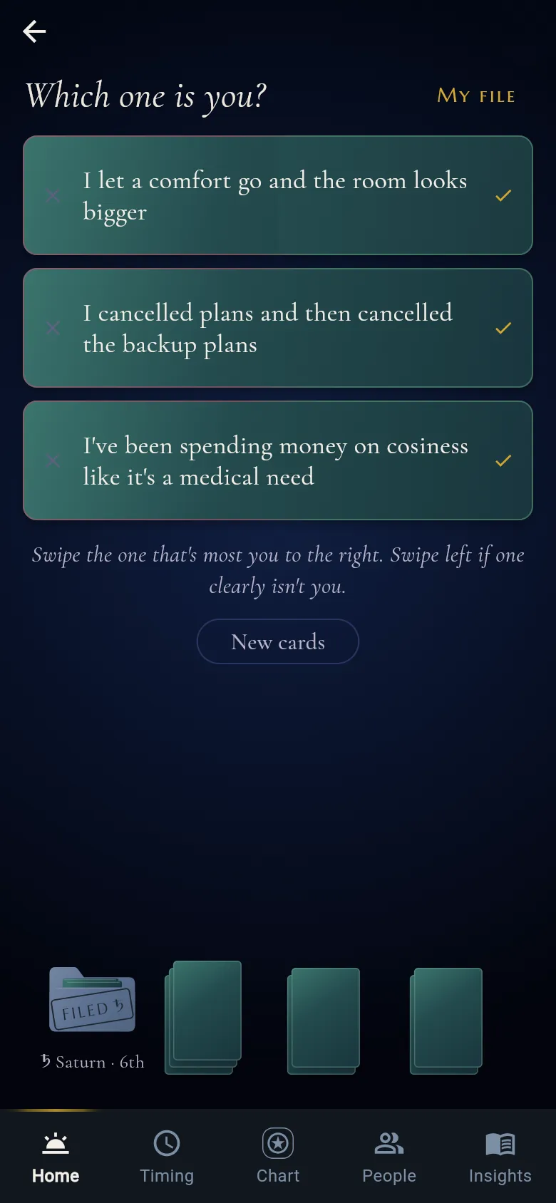 The Cosmic Files screen in Kairos: three lines to swipe and a filed Saturn folder