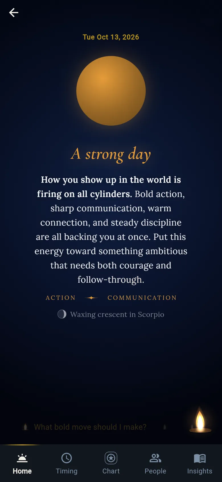 The Daily Pulse screen in Kairos: today read as a strong day